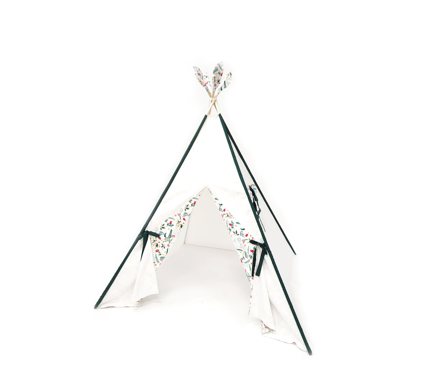 Crystal White Play Teepee Tent with Green Dowels and Red flowers on doors image 2