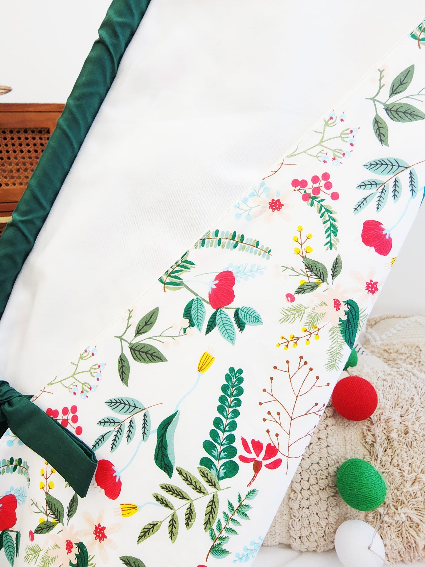 Crystal White Play Teepee Tent with Green Dowels and Red flowers on doors image 1