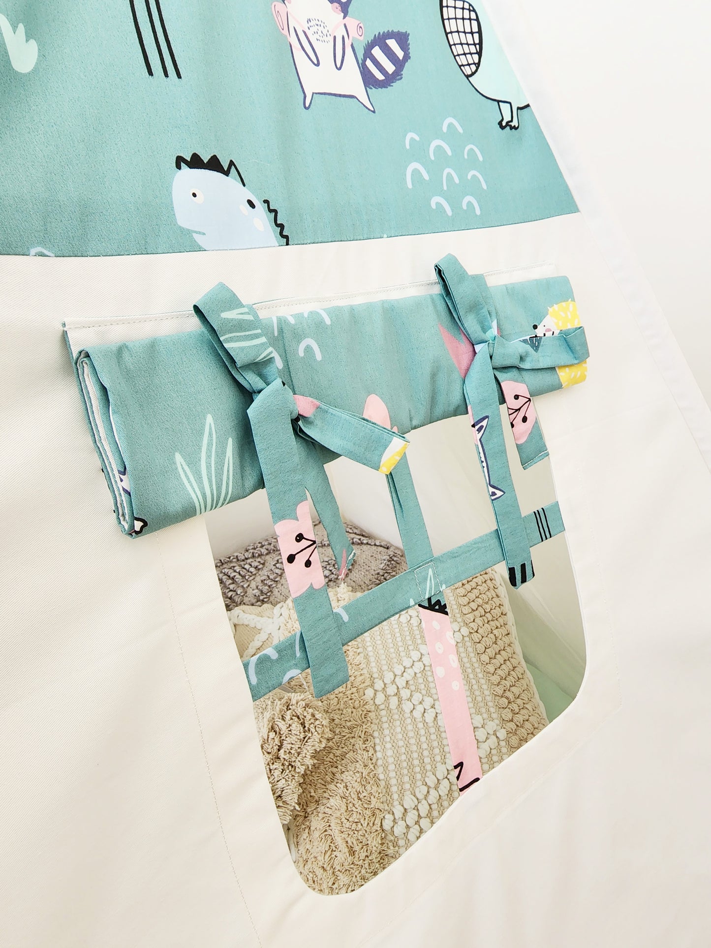 Dino and Racoon on Mint Off-white Unisex Kids Teepee Tent with Window image 5