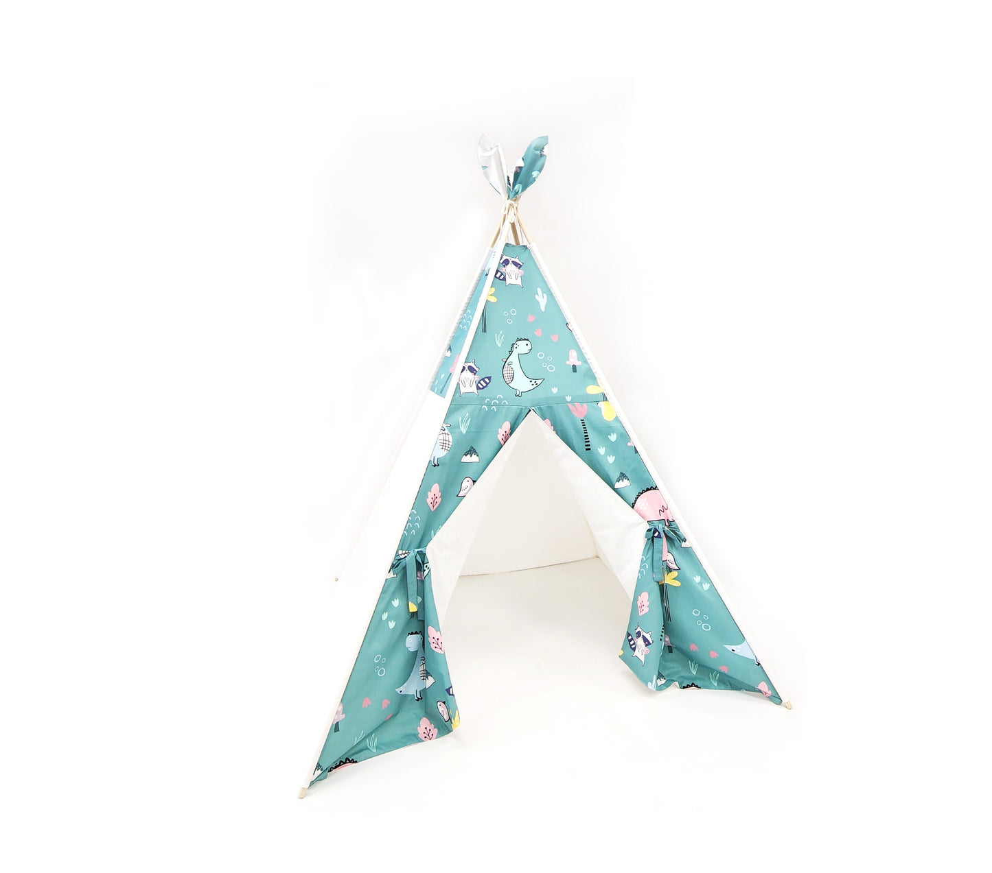 Dino and Racoon on Mint Off-white Unisex Kids Teepee Tent with Window image 2