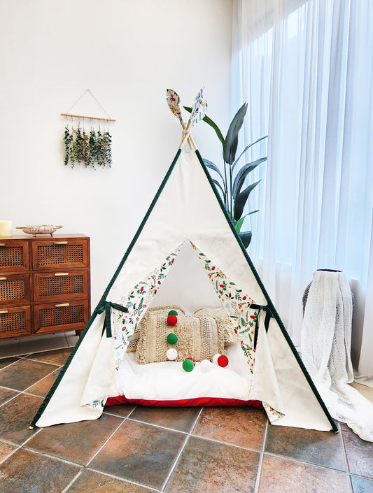 Crystal White Play Teepee Tent with Green Dowels and Red flowers on doors image 0