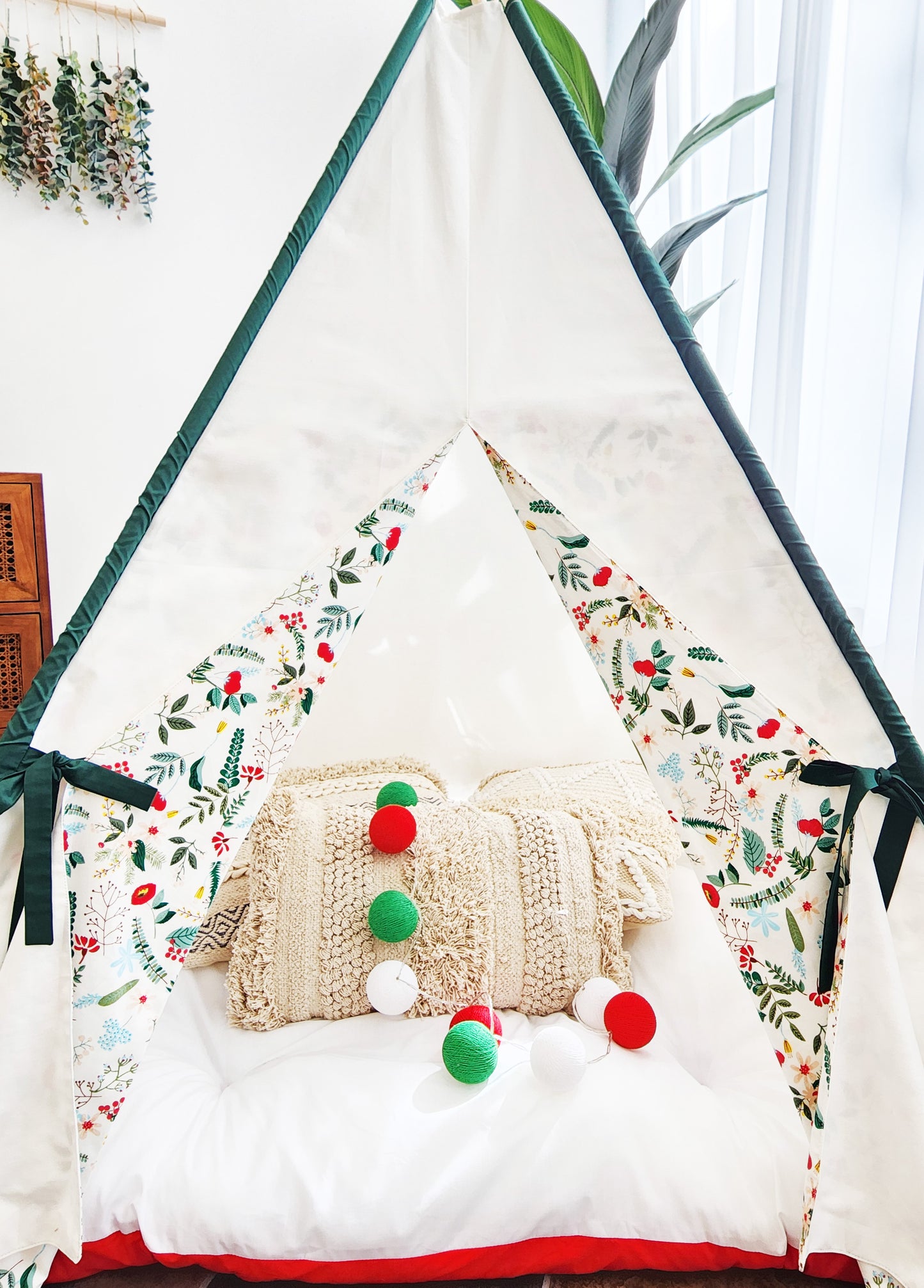 Crystal White Play Teepee Tent with Green Dowels and Red flowers on doors image 3