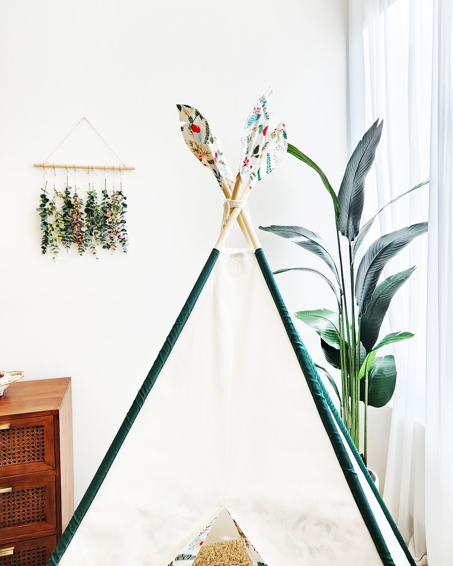 Crystal White Play Teepee Tent with Green Dowels and Red flowers on doors image 5
