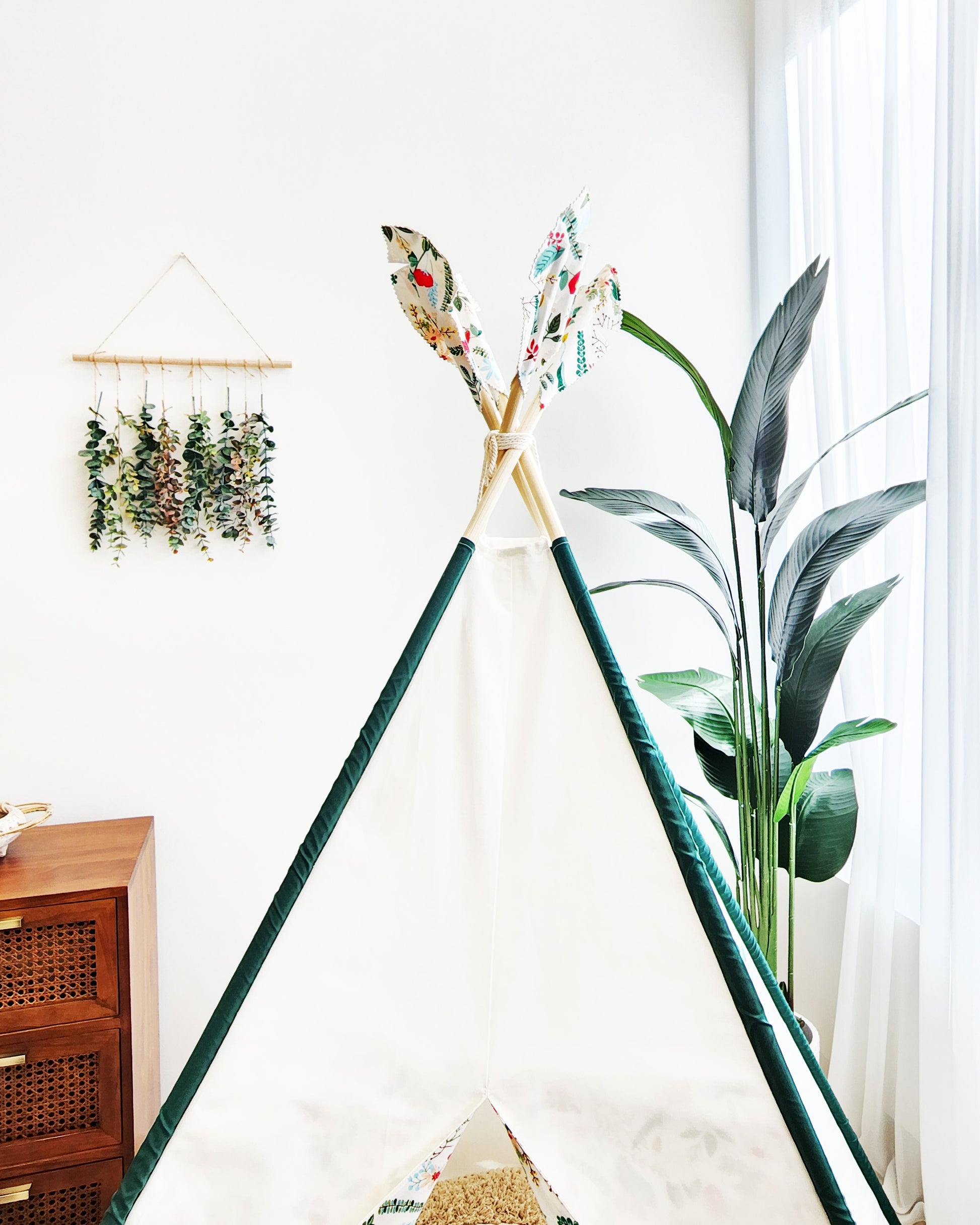Crystal White Play Teepee Tent with Green Dowels and Red flowers on doors image 5