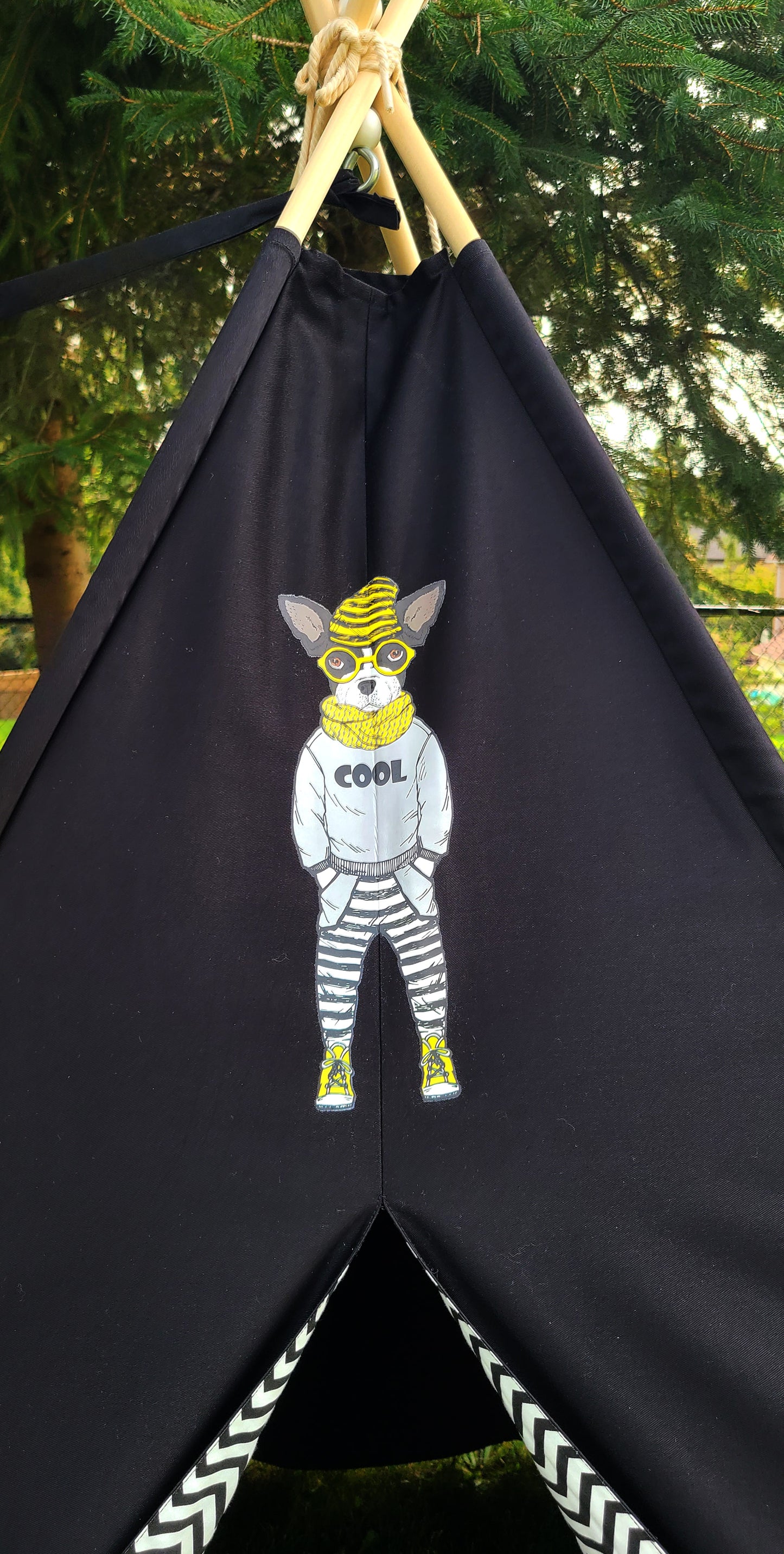Black Teepee with Dog patch and Zig-zag Lining Teepee Tent image 1