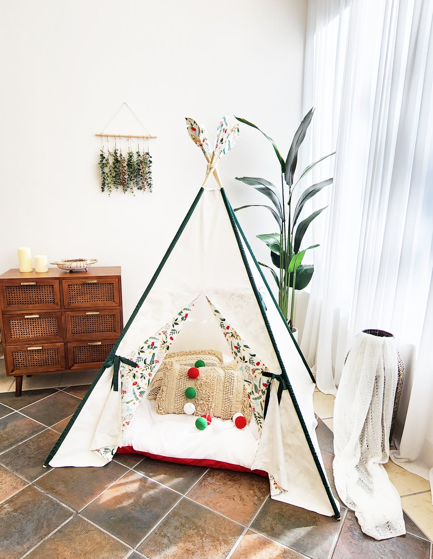 Crystal White Play Teepee Tent with Green Dowels and Red flowers on doors image 4
