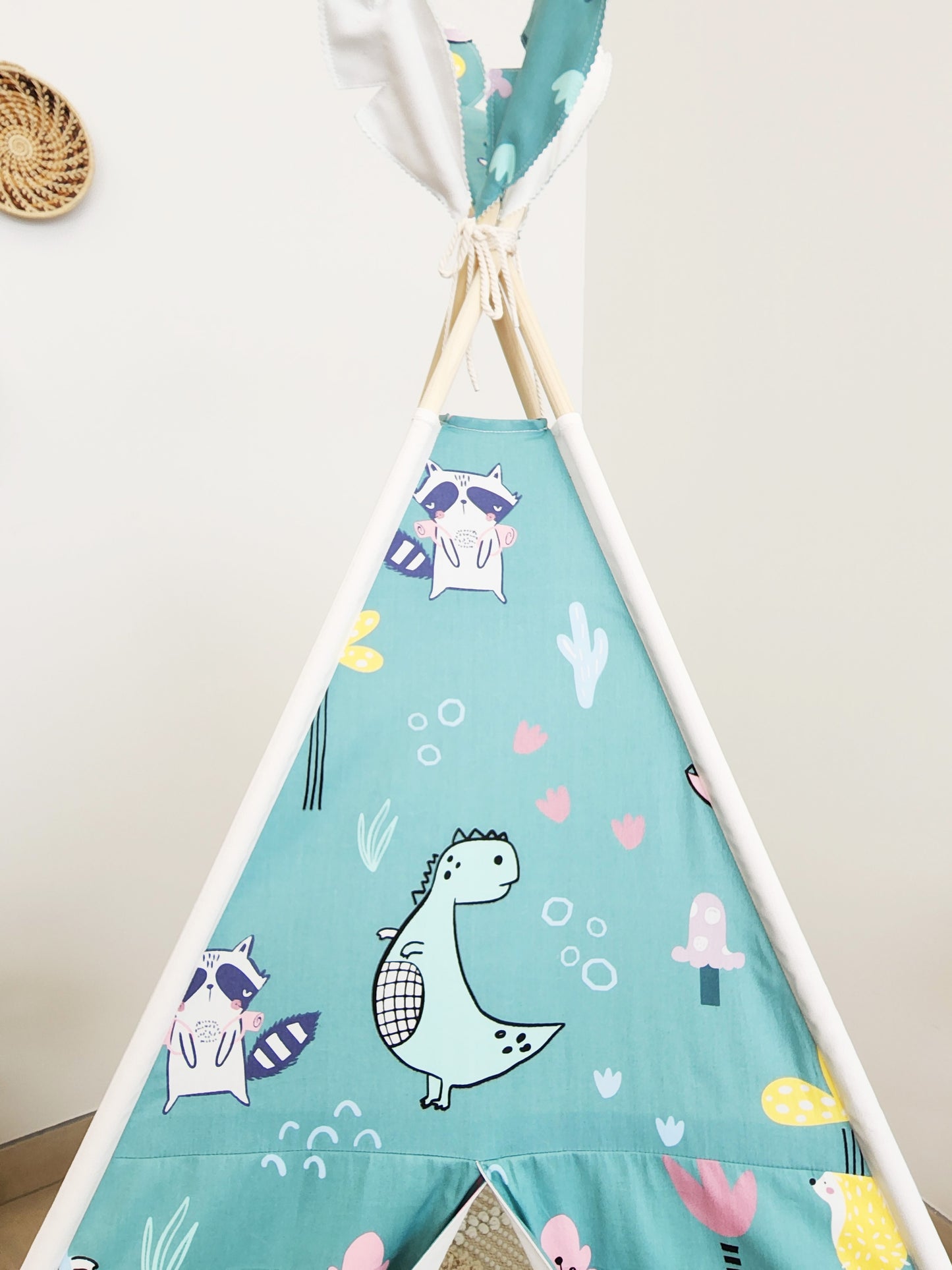 Dino and Racoon on Mint Off-white Unisex Kids Teepee Tent with Window image 1