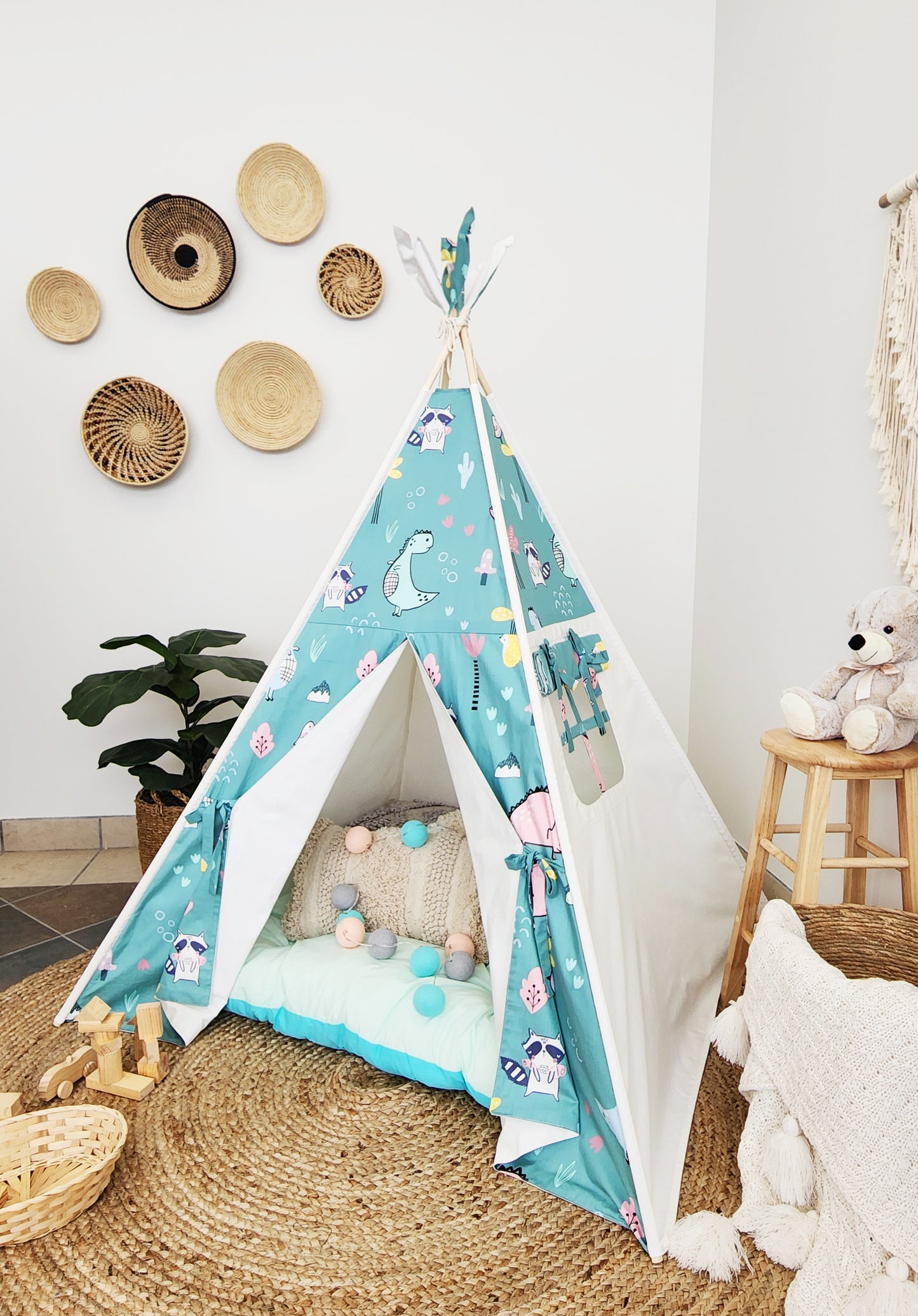Dino and Racoon on Mint Off-white Unisex Kids Teepee Tent with Window image 4