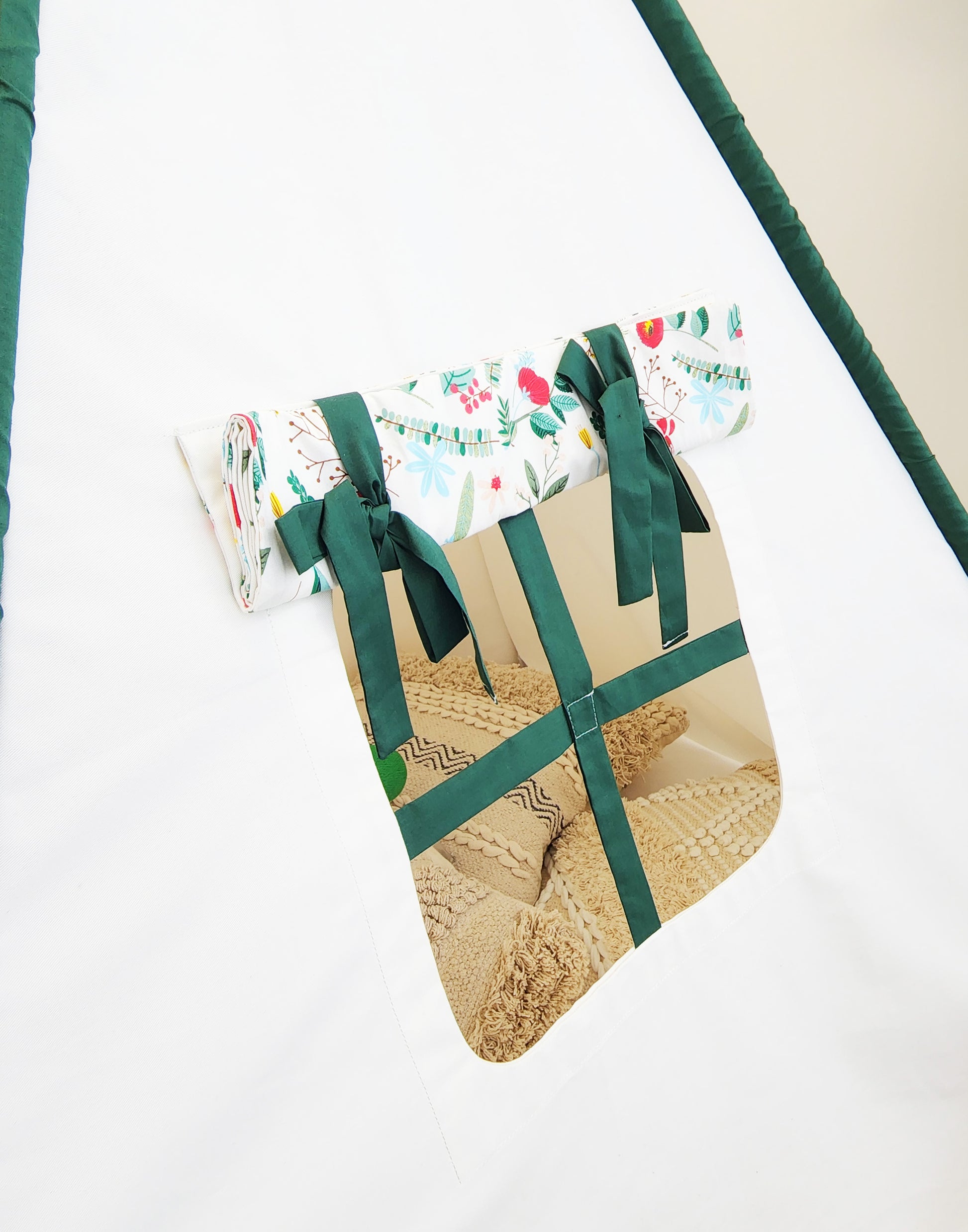Crystal White Play Teepee Tent with Green Dowels and Red flowers on doors image 7