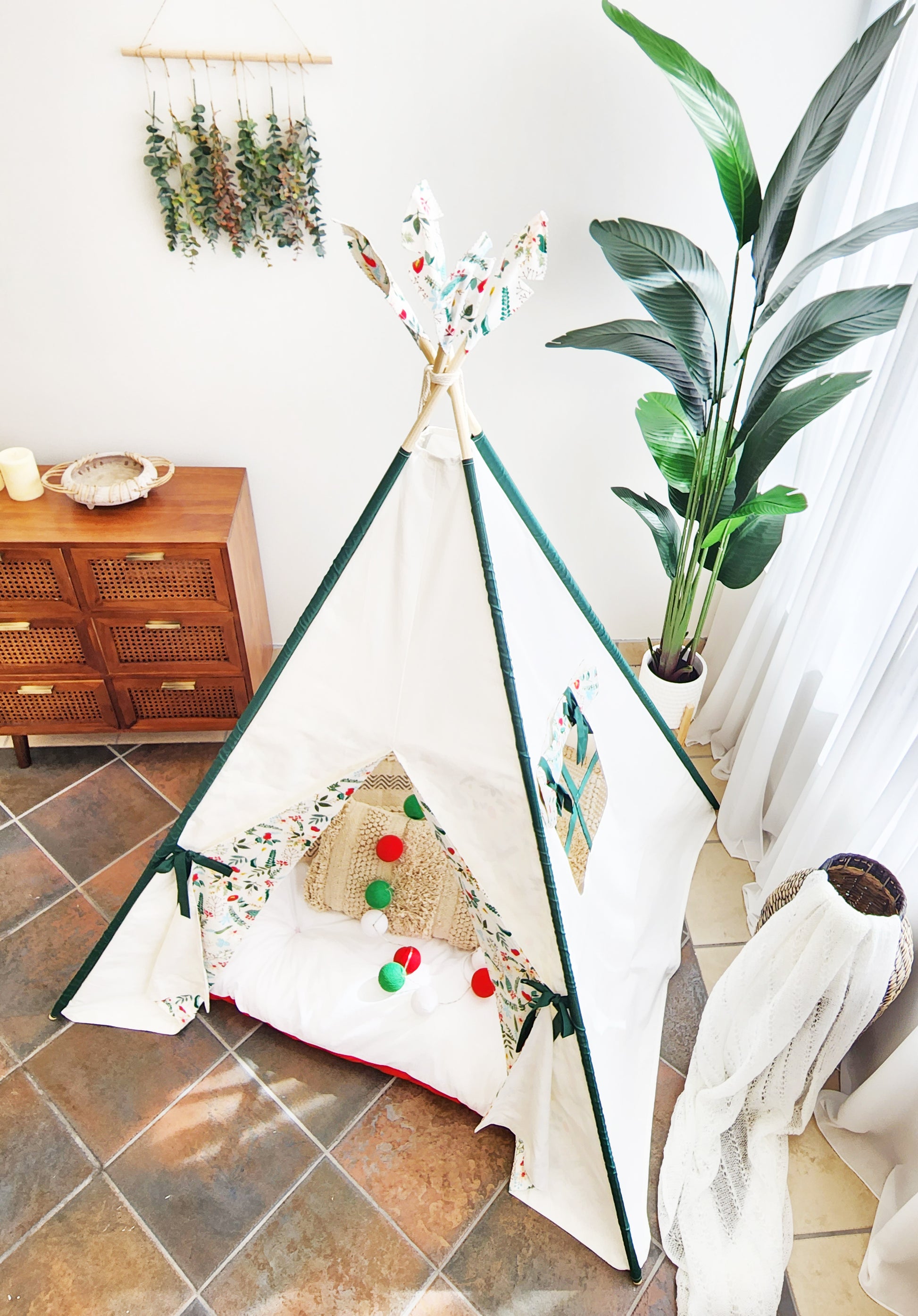 Crystal White Play Teepee Tent with Green Dowels and Red flowers on doors image 6