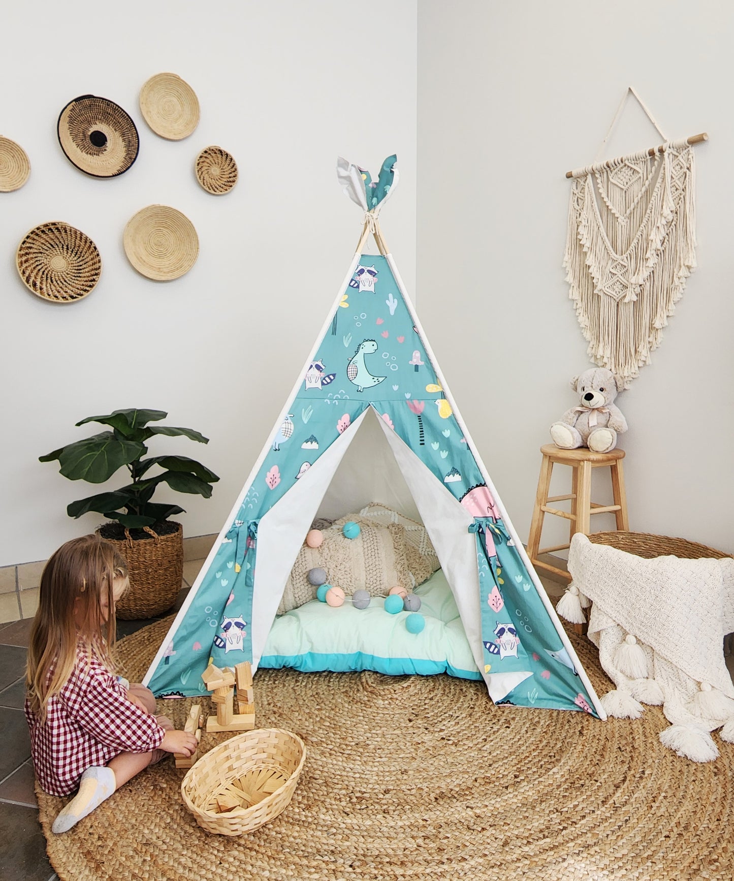 Dino and Racoon on Mint Off-white Unisex Kids Teepee Tent with Window image 0