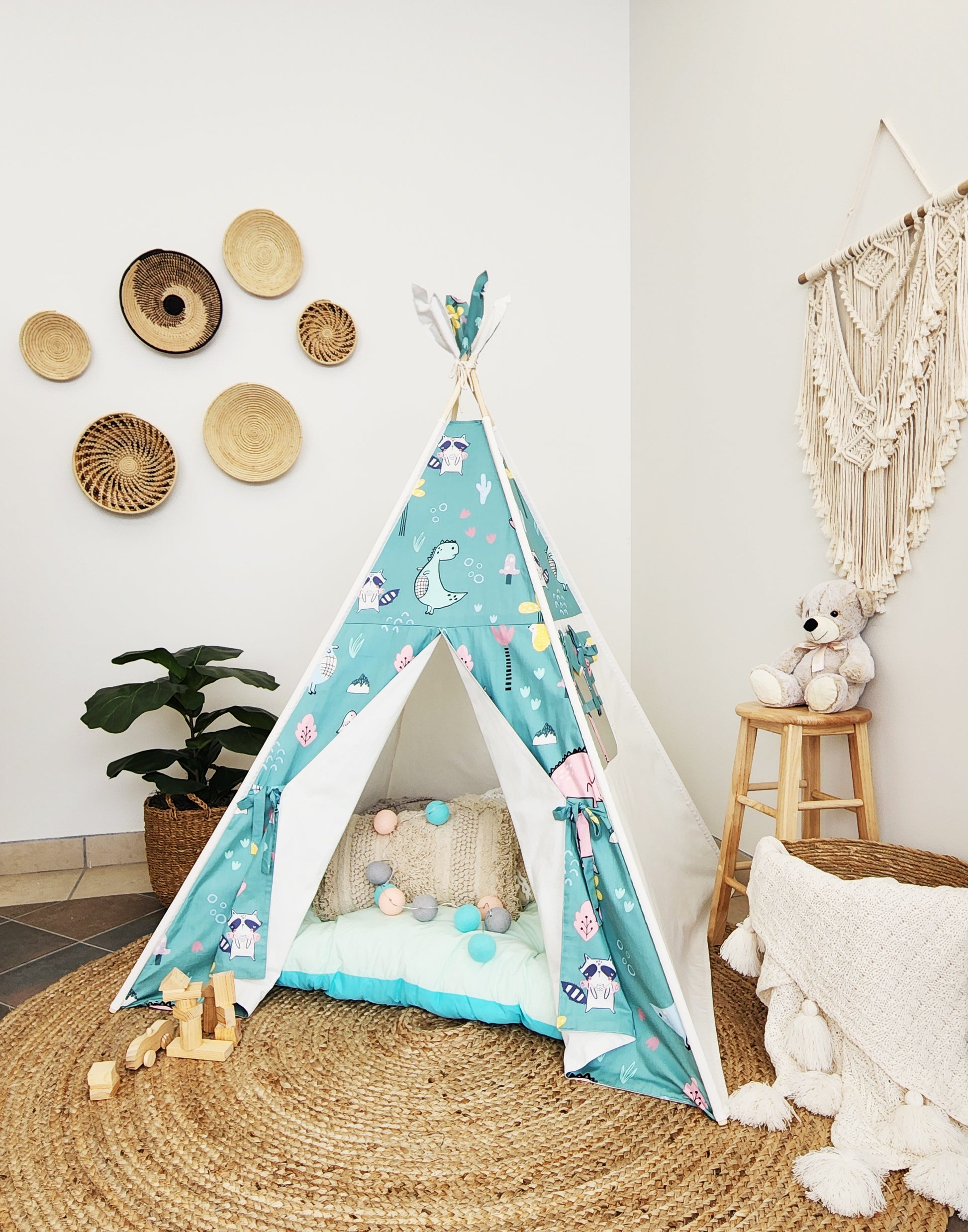 Dino and Racoon on Mint with Off-white Canvas Unisex Kids Teepee Tent image 3