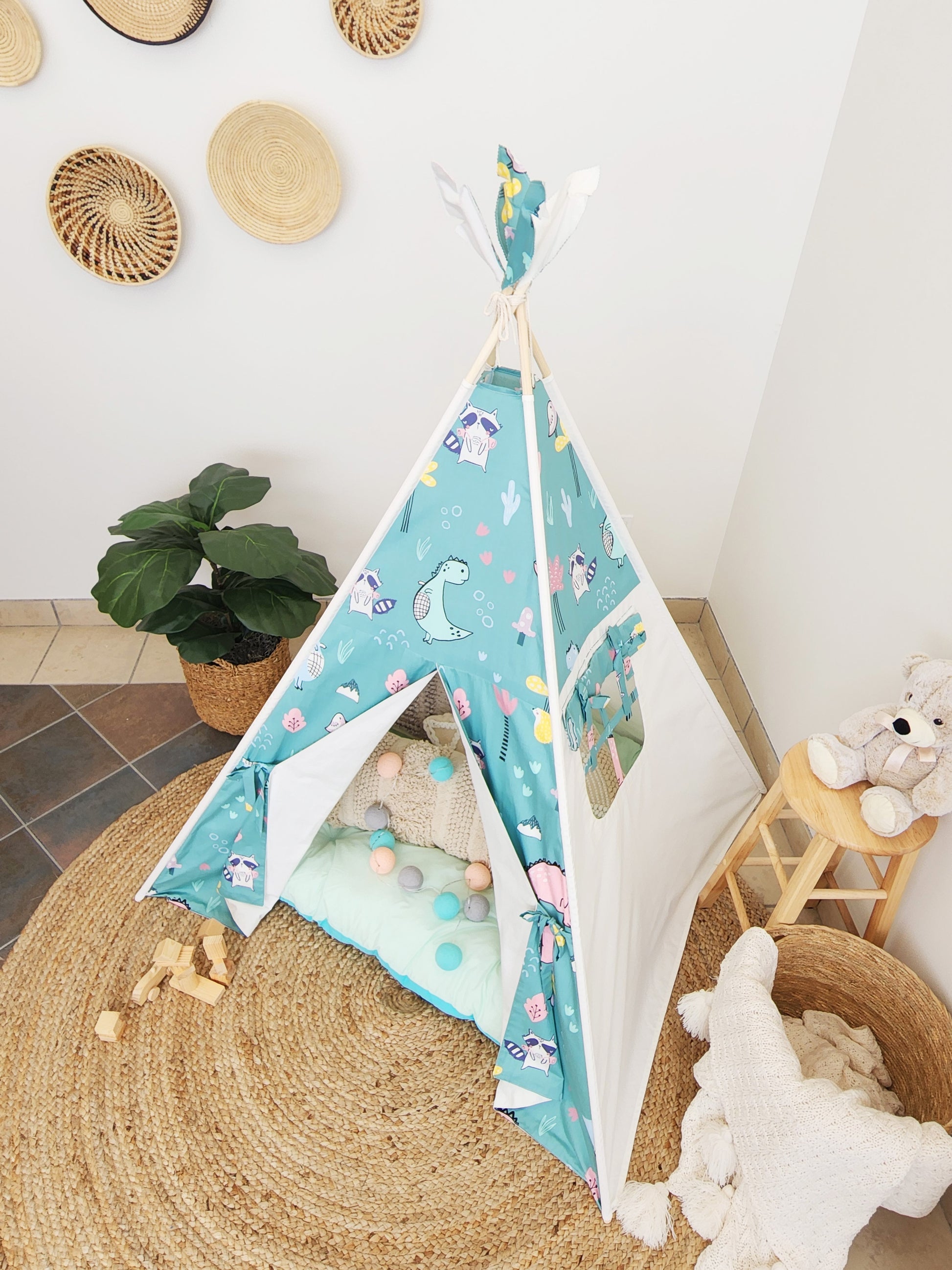 Dino and Racoon on Mint Off-white Unisex Kids Teepee Tent with Window image 6