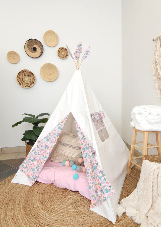 Off-white Girl's Play Teepee Tent with Pink Flowers Lining image 0