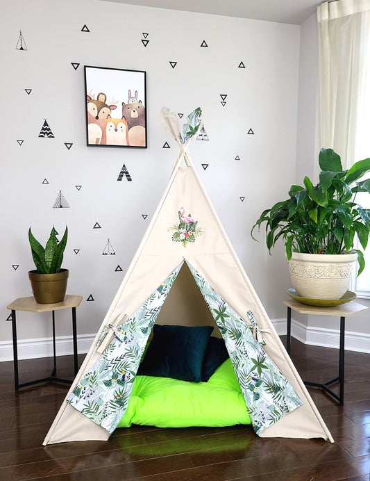 Flamingo Patch on Taupe Teepee Tent with Monstera Jungle Plant Print.