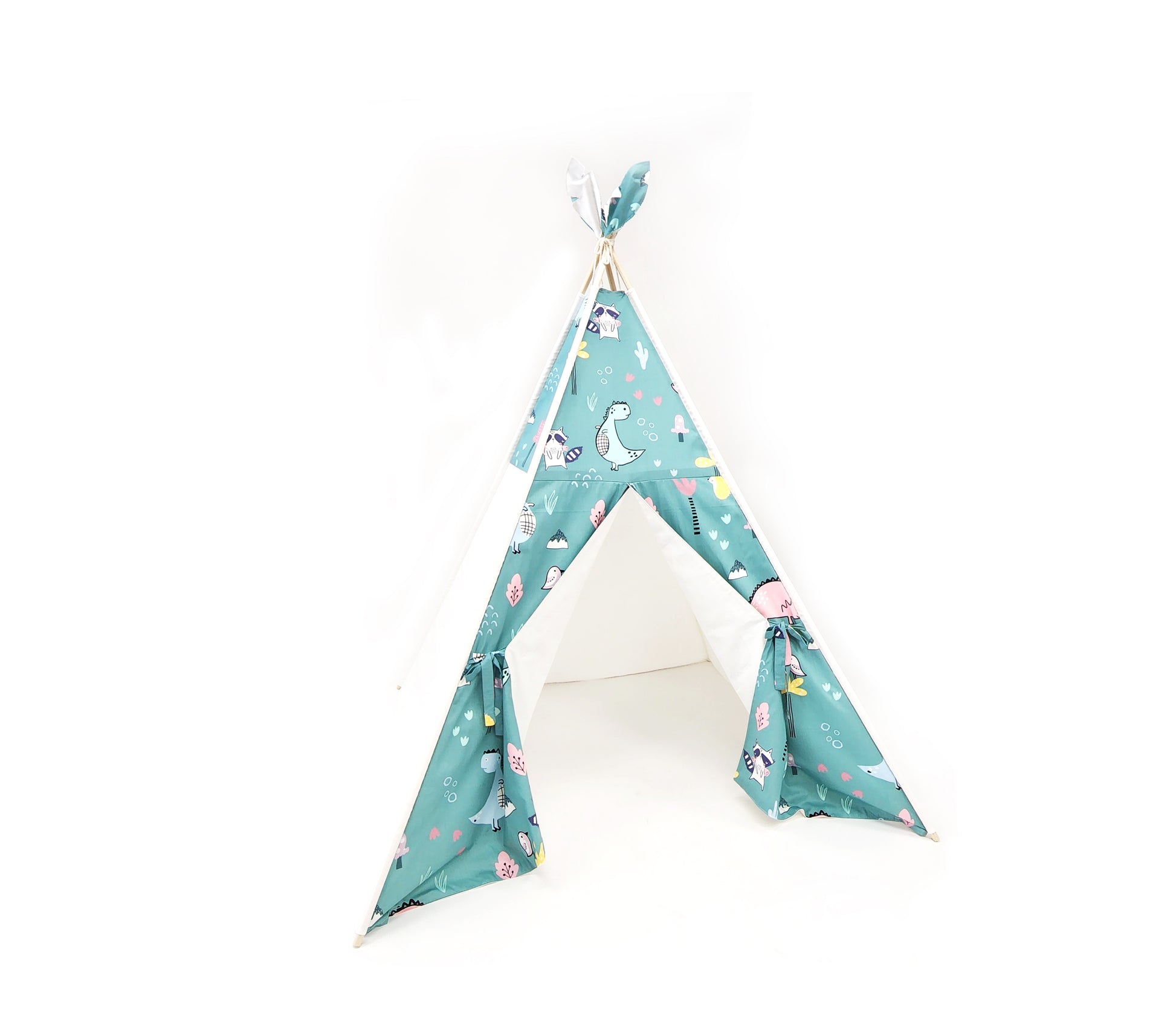 Dino and Racoon on Mint Off-white Unisex Kids Teepee Tent with Window image 2