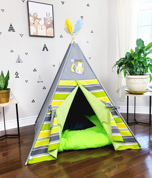 GoDozer Green Yellow White Stripes Grey Play Teepee Tent image 0