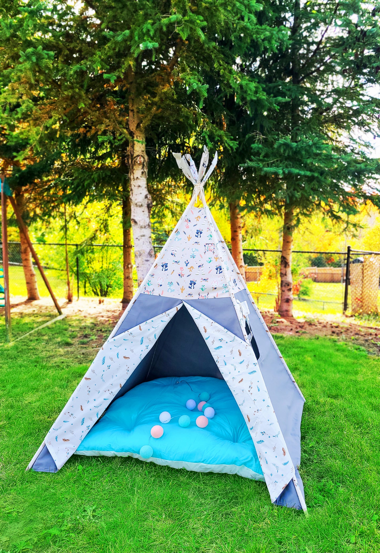 Racoons Foxes Teepees &amp; Bunnies Grey Play Teepee Tent with Window image 3