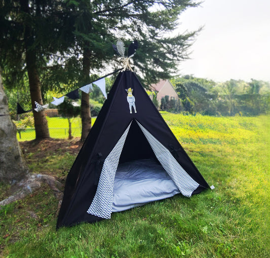 Black Teepee with Dog patch and Zig-zag Lining Teepee Tent image 0