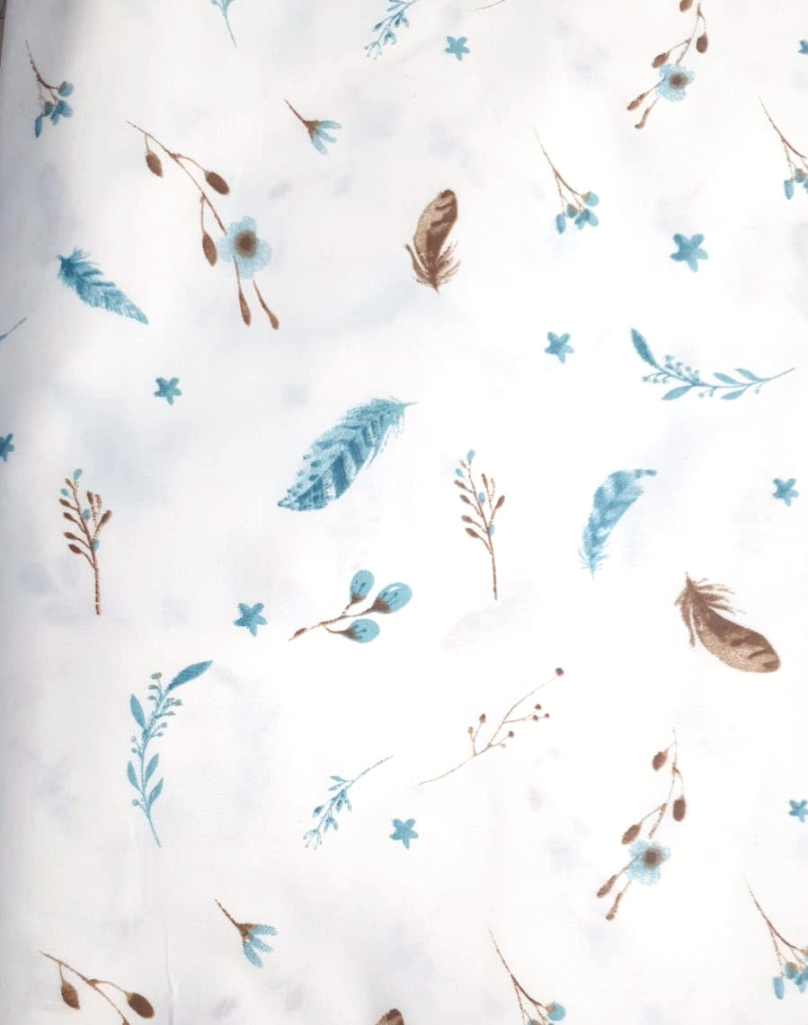 Blue brown feathers brunches on white fabric 160cm wide, 50 cm image 0