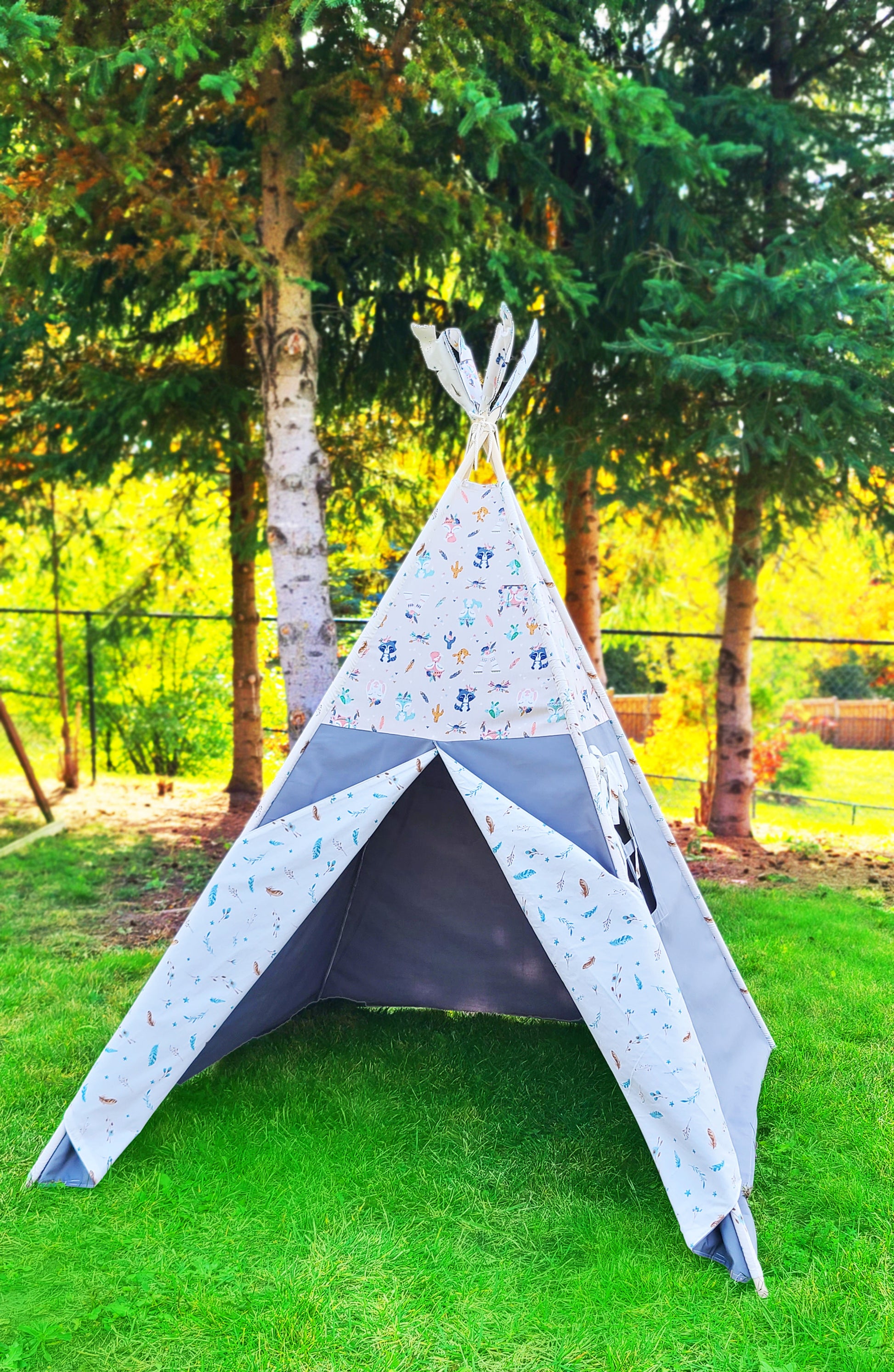 Racoons Foxes Teepees &amp; Bunnies Grey Play Teepee Tent with Window image 6