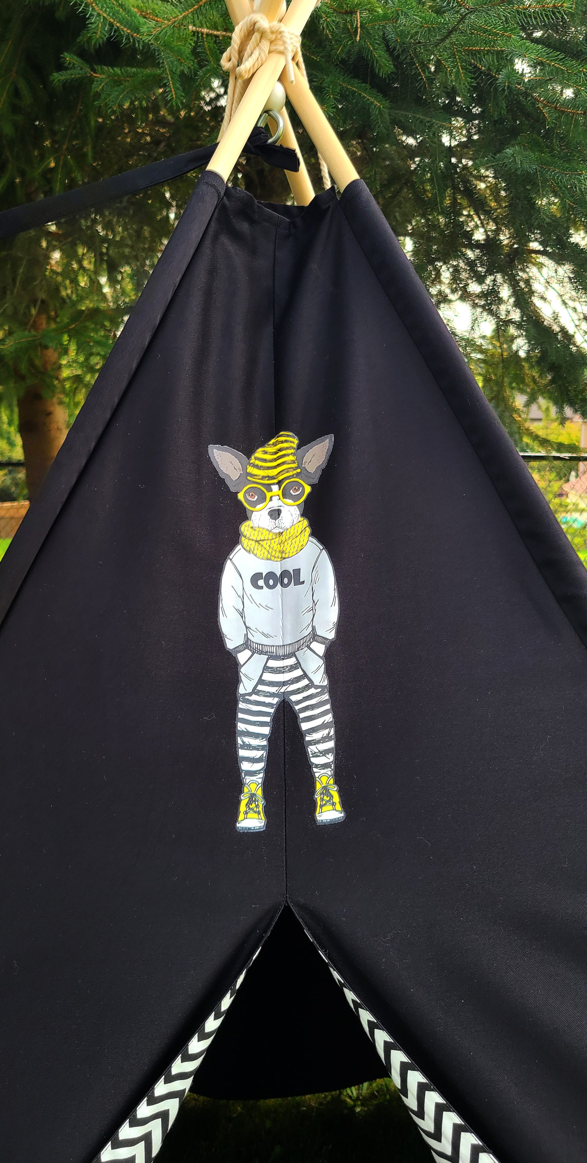 Black Teepee with Dog patch and Zig-zag Lining Teepee Tent image 1