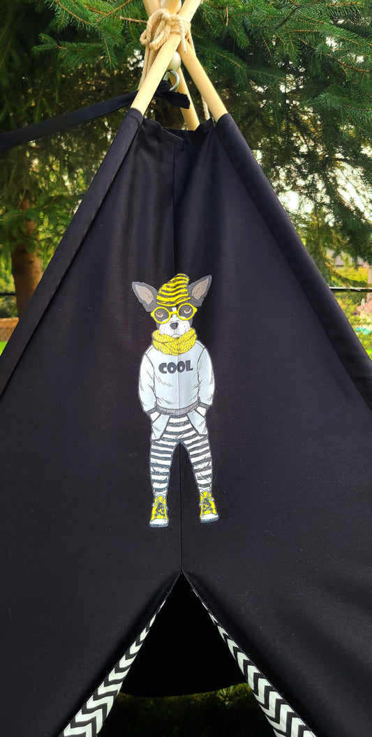 Black Teepee with Dog patch and Zig-zag Lining Teepee Tent image 1