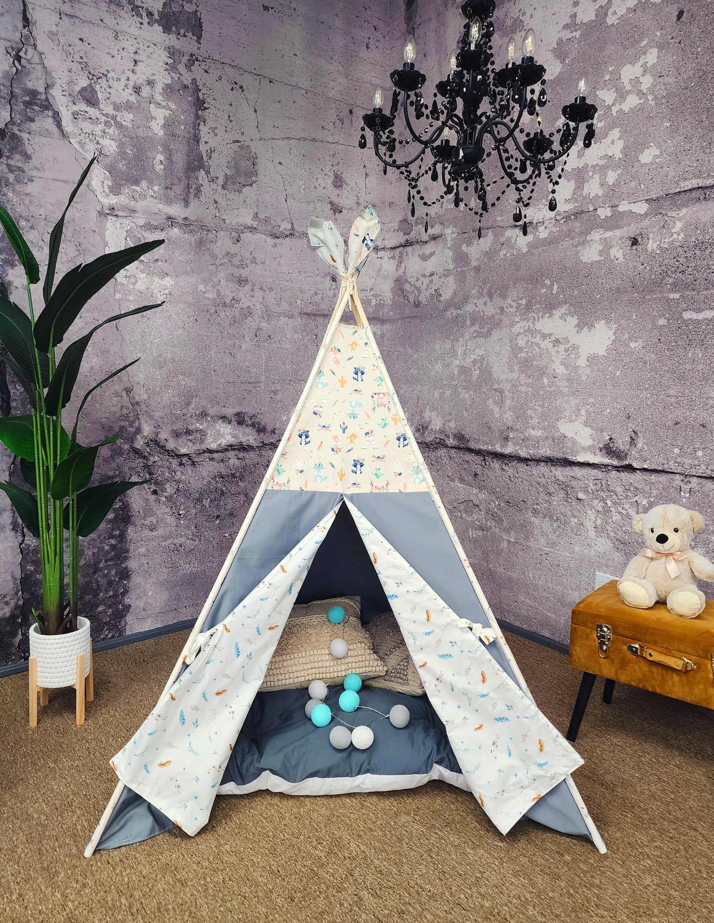 Racoons Foxes Teepees &amp; Bunnies Grey Play Teepee Tent with Window image 0