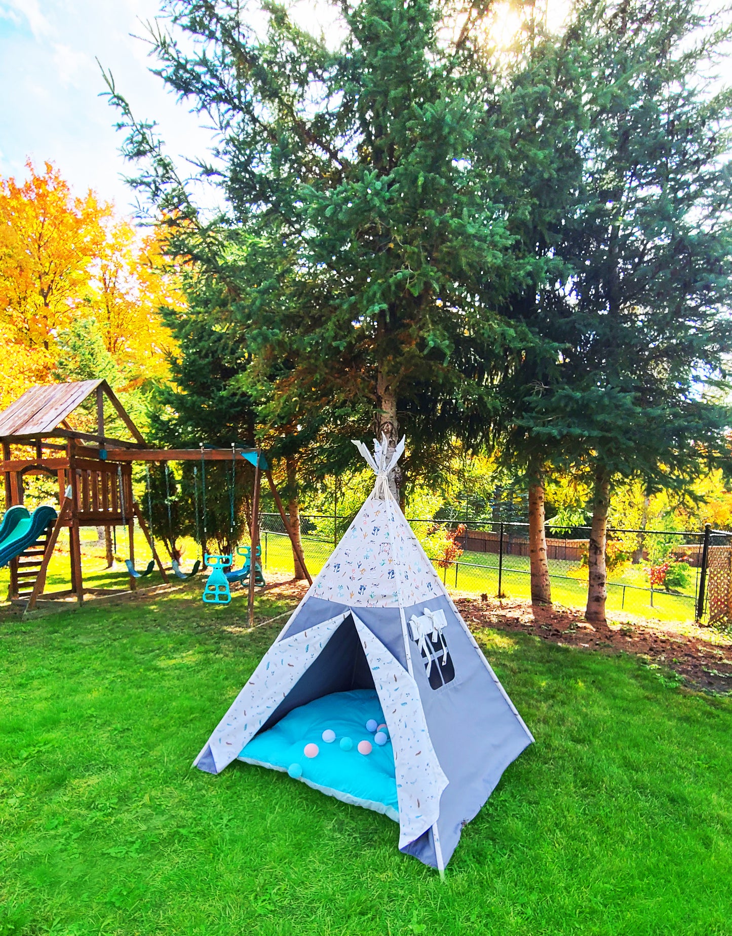 Racoons Foxes Teepees &amp; Bunnies Grey Play Teepee Tent with Window image 2