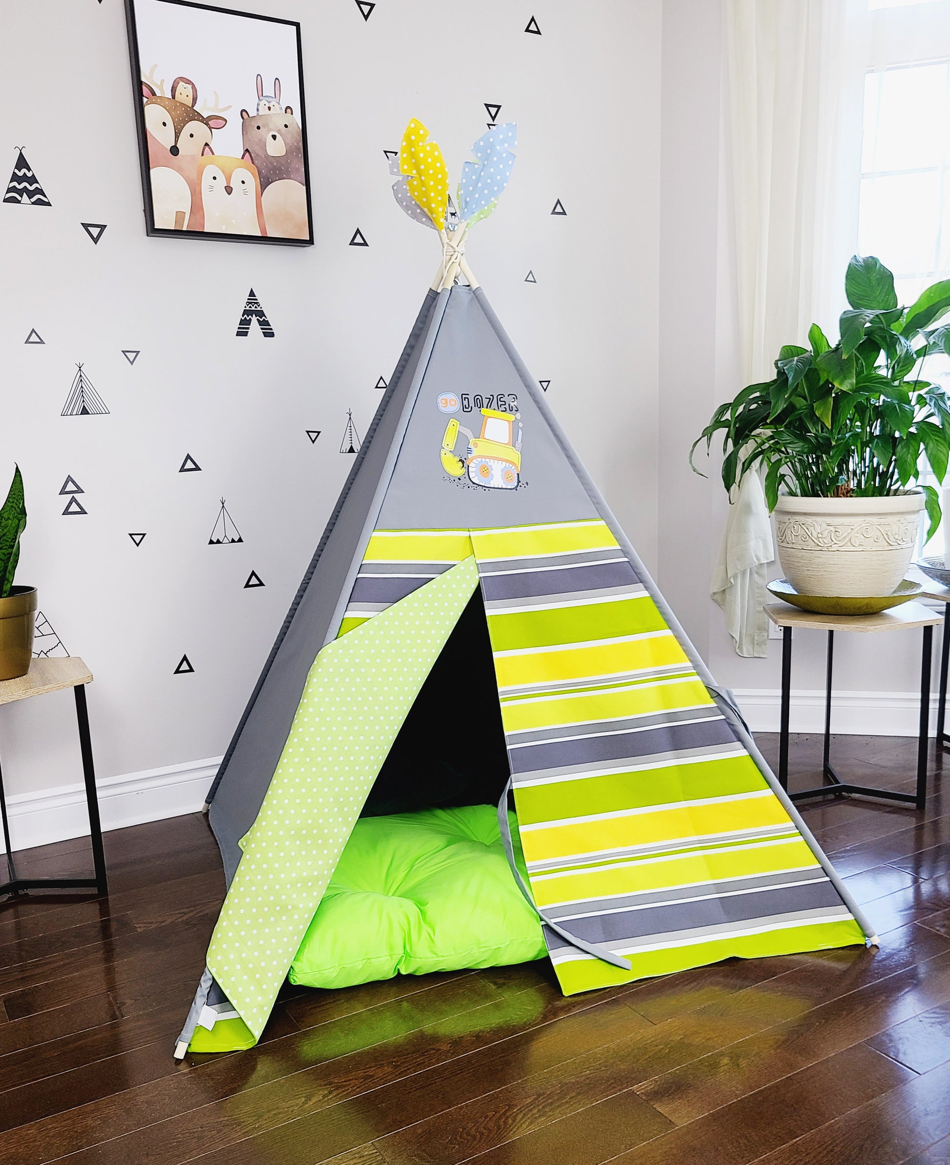 GoDozer Green Yellow White Stripes Grey Play Teepee Tent image 2