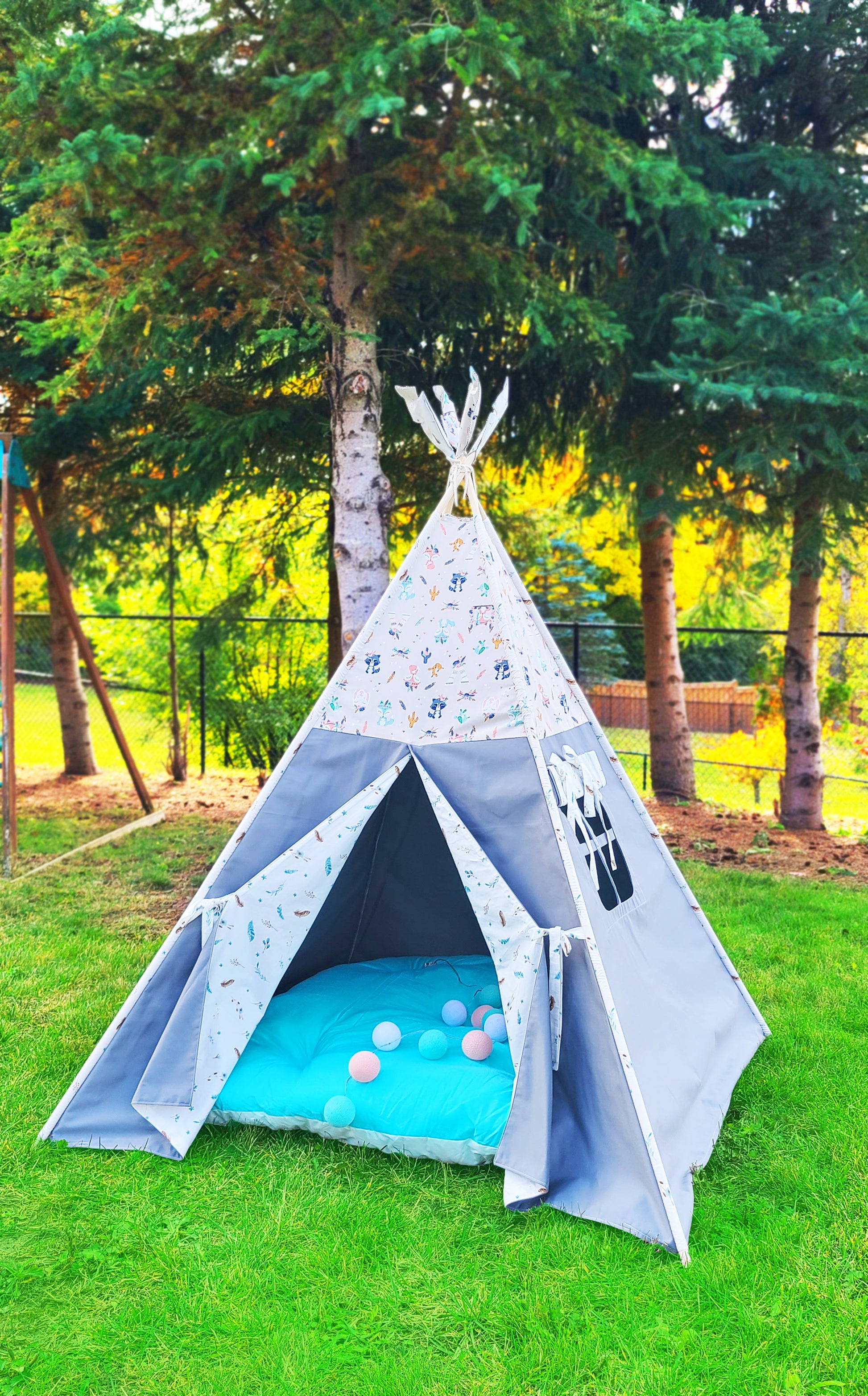 Racoons Foxes Teepees &amp; Bunnies Grey Play Teepee Tent with Window image 5