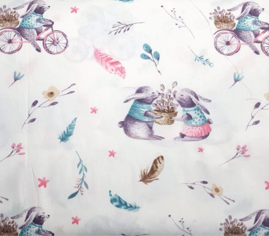 Cute bunny feathers boho pink and white fabric 160cm wide, 50 cm
